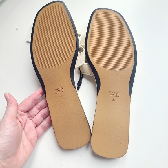 Zara Womens Sz 10 Flat Sandals Abierto Leather Ivory Cream NEW Strappy GOLD‎ - Picture 3 of 5